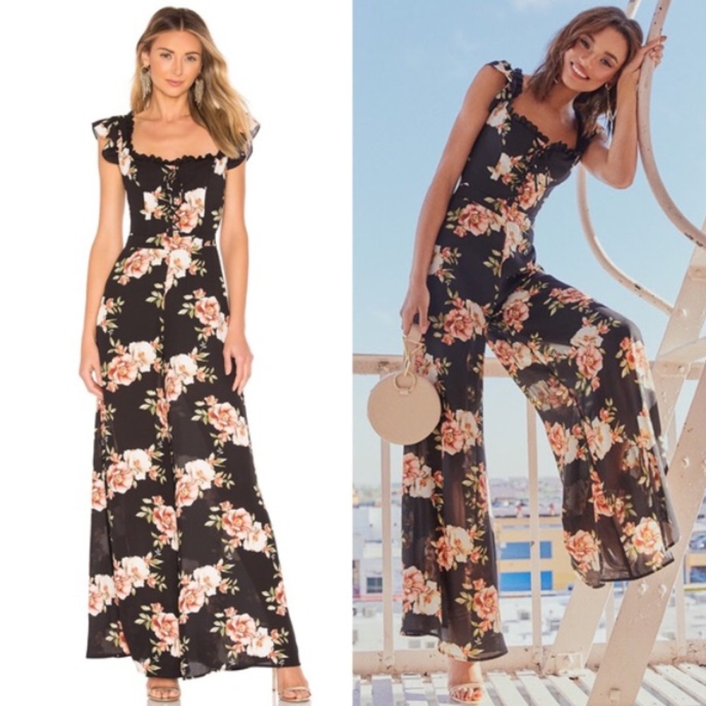 NEW LIKELY BLACK FLORAL PRINT RUFFLE JUMPSUIT